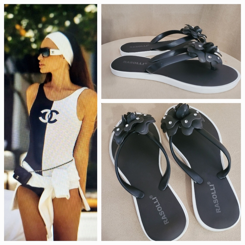 Black Floral Embellished Sandals / 8